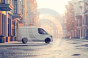 Side view of electric delivery van standing on the empty street at early morning