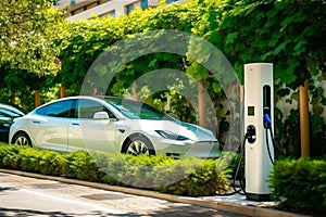 Side view of electric vehicle EV hybrid car next to public charging station with greenery, natural foliage background as