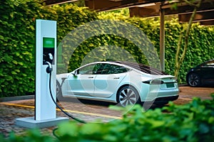 Side view of electric vehicle EV hybrid car next to public charging station with greenery, natural foliage background as