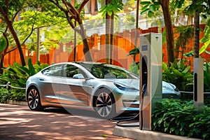 Side view of electric vehicle EV hybrid car next to public charging station with greenery, natural foliage background as
