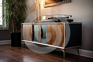 a side view of an elegant credenza with a vintage record player on it