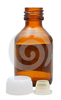 Side view of empty amber glass pharmacy bottle