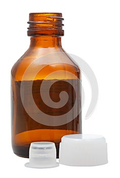 Side view of empty brown glass pharmacy bottle
