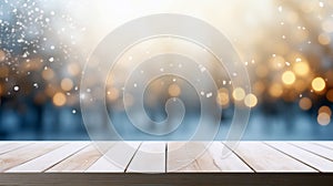 Side view of an empty white wooden table top with a gentle blurred soft light background. Bokeh effect.