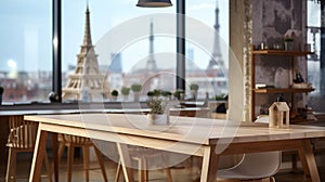 Side view of an empty wooden table for product display, blurred co-working space interior background. Warm and calm ambiance with