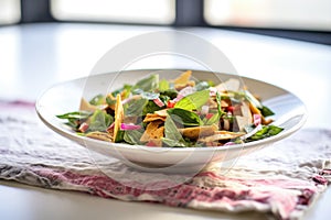 side view of fattoush in a glass bowl on a linen napkin