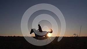 Side view of female horseback riding during sunset. Slow motion
