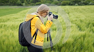 Photographer taking pictures, grain field