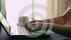 Side view of female professional freelancing writer`s hands typing on computer keyboard during quarantine at home.