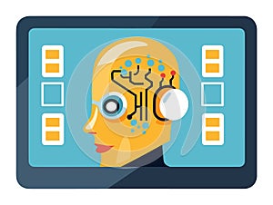 Side view of a female profile with digital brain, AI concept. Woman with electronic circuit, futuristic technology theme