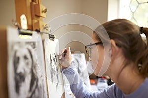 Side View Of Female Teenage Artist Sitting At Easel Drawing Picture Of Dog From Photograph In Charcoal