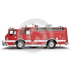 Side view Fire truck or engine Isolated on White. 3D illustration