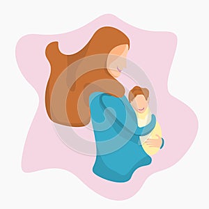 Side View Flat Style Woman Holding Kid Vector Illustration