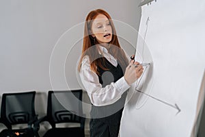 Side view of focused female manager presenting new project plan to colleagues at meeting, explaining ideas on flipchart