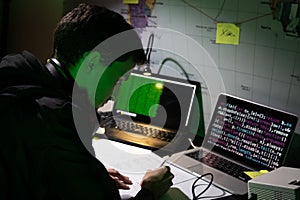 Side view of focused man planning hacker attack