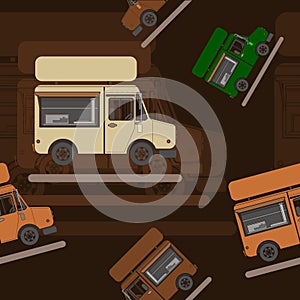 Side View Food Truck Vector Illustration With Dark Background Seamless Pattern