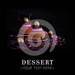 Side view of French chocolate dessert with macarons reflection. Traditional Dessert isolated on black background with text and