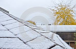 Side view of freshly fallen snow on a roof made from Asphalt shingles