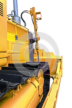 Side view of the front of the bulldozer closeup isolated on white background