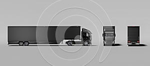 Side View, Front View And Back View Of Black Semi Truck With Empty Space On Refrigerator For Haul Delivery. 3d rendering