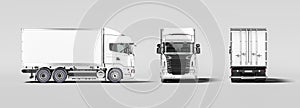 Side View, Front View And Back View Of White Truck With Empty Space On Refrigerator For Haul Delivery. 3d rendering