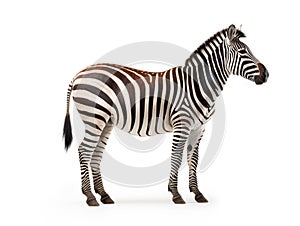 side view full body of african zebra standing isolated white background use for animals in safari theme