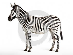 side view full body of african zebra standing isolated white background use for animals in safari theme