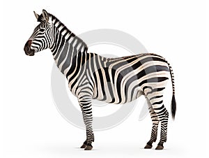 side view full body of african zebra standing isolated white background use for animals in safari theme