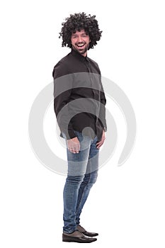 Side view. funny shocking guy in jeans. isolated on white