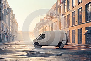 Side view of futuristic electric white van standing on the empty street