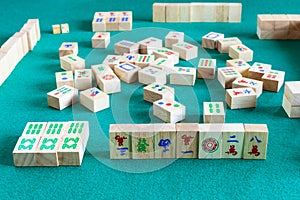 Side view of gameboard of mahjong game