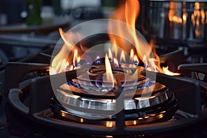 Side view of a gas stove flame in a modern kitchen