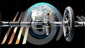 Side view of a giant sci-fi interplanetary spaceship flying on Earth background, 3d animation. Texture of Earth was