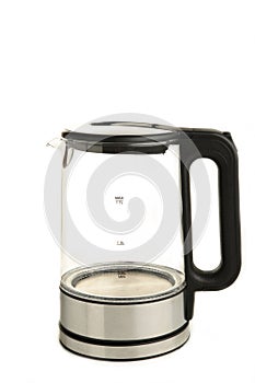 Side view of glass electric kettle isolated on white