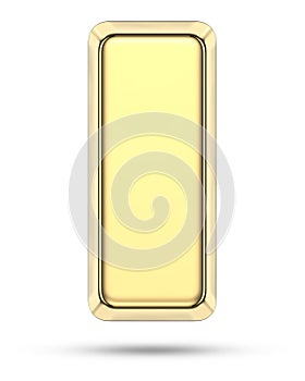 Side view of gold bar with shadow. 3D rendering illustration of golden bullion without text isolated on white background