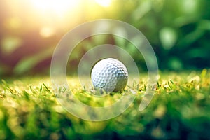 Side view of golf ball on a putting green.Close up of golf ball on green. Golf ball on fairway concept. Generative AI