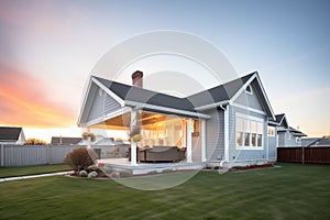 side view of a gray cape cod during sunset