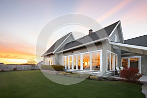 side view of a gray cape cod during sunset