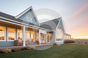 side view of a gray cape cod during sunset