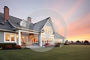 side view of a gray cape cod during sunset