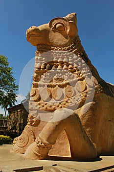 Side view of the great bull -nandhi- statue in the ancient Brihadisvara Temple of Gangaikonda Cholapuram, india.