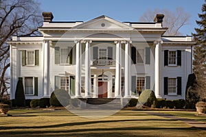 side view of a greek revival style mansion with pediments photo