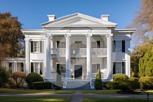 side view of a greek revival style mansion with pediments photo