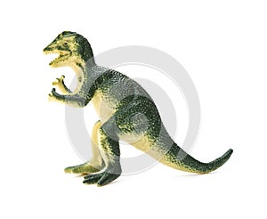 Side view green Dilophosaurus toy on white background