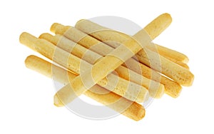 Side view of a group of crunchy breadsticks with one at an angle isolated on a white background