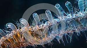 A side view of a group of nematode worms showing the precise and coordinated movement of their tiny hairlike structures