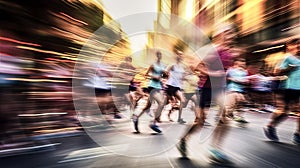 Side view of group of people running marathon in big city, motion blur, made with generative ai