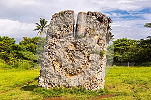 Side view of Haamonga a Maui or Burden of Maui, a stone trilithon in Tonga, Tongatapu island, Polynesia, Oceania, South Pacific.