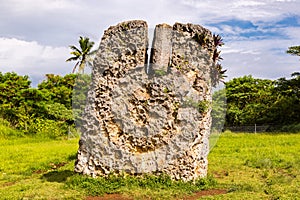 Side view of Haamonga a Maui or Burden of Maui, a stone trilithon in Tonga, Tongatapu island, Polynesia, Oceania, South Pacific. photo
