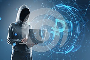 Side view of hacker holding laptop computer with creative round ruble sign on blurry blue polygonal background. Crypto, hacking,